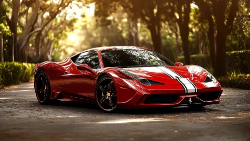 Crimson supercar prowls sunlit avenue in gleaming silence.
