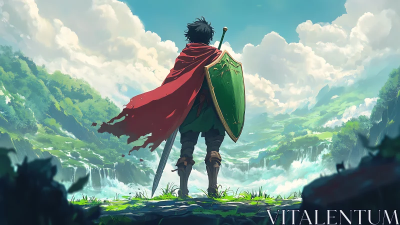 Armored figure observes expansive valley landscape from cliff edge