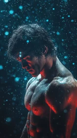 Male torso in rain under blue and red directional lighting.