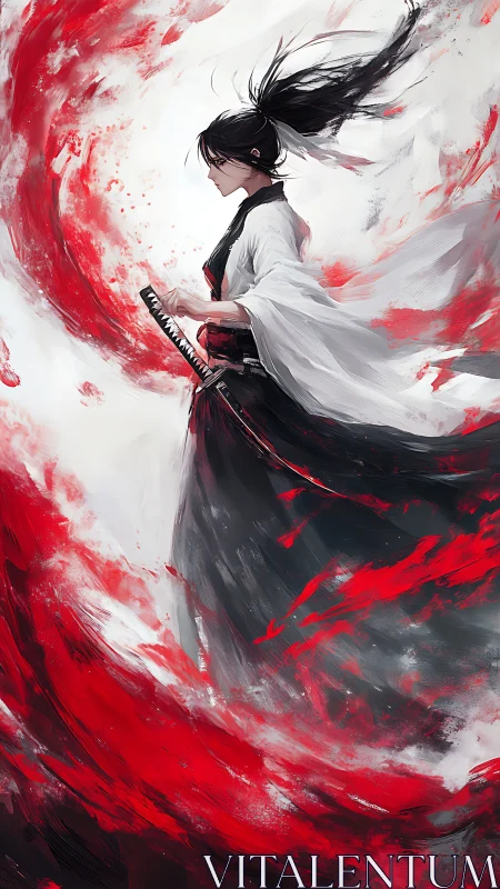 Samurai swordswoman stands in a storm of crimson energy