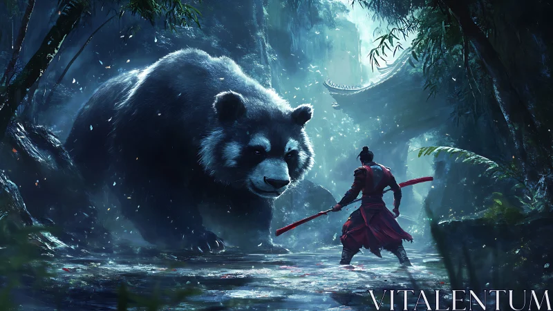 Colossal panda confrontation with staff-wielding warrior in misted grove.