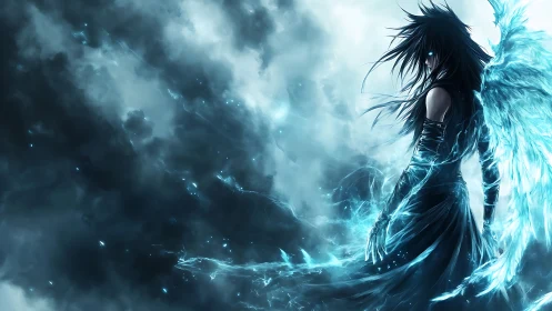 Winged nocturnal entity in turbulent luminescent stormfield.