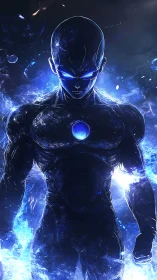 Cyborg guardian stands in blue energy storm with glowing core