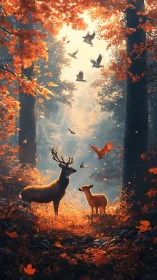 Deer and birds stand in sunlit autumn forest clearing