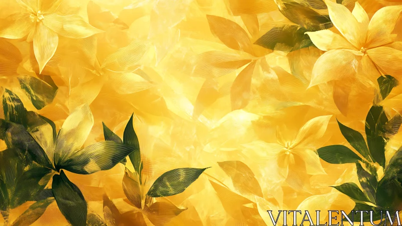 Golden floral abstraction blends luminous petals and leaves