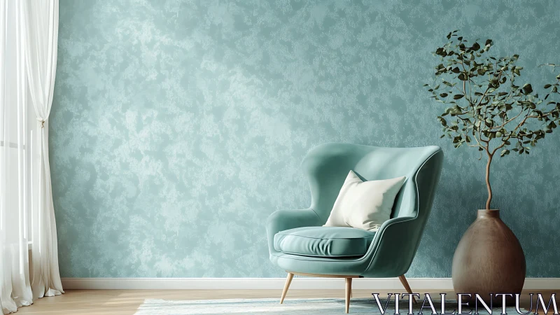 Muted teal lounge corner with chair, plant and drapes.