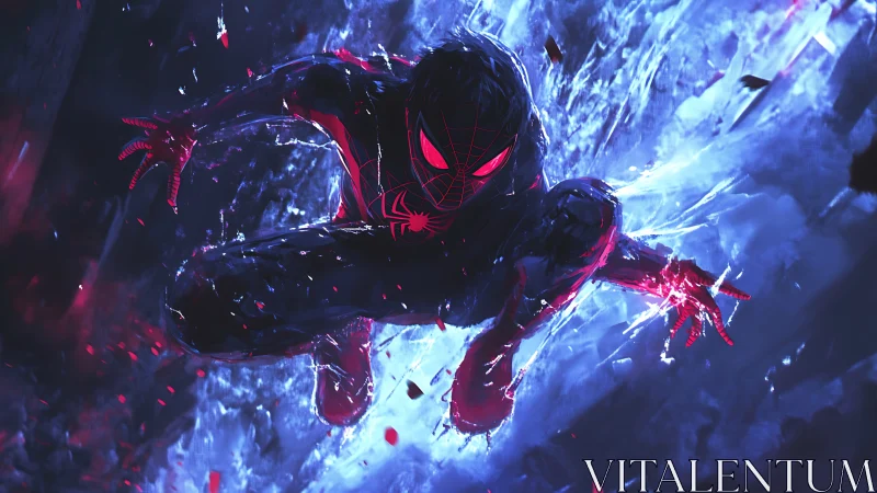 Neon-slashed spider hero dives through shattered midnight sky.