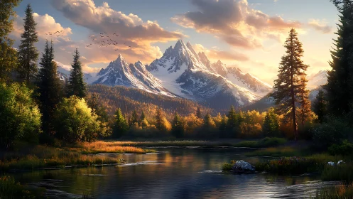 Golden hour illuminates tranquil river beneath snowy peaks