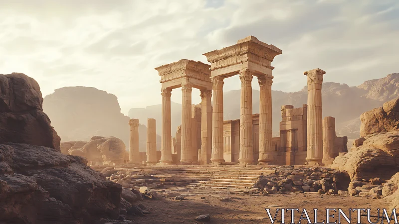 Stone colonnade stands amid rocky desert ruins at sunrise