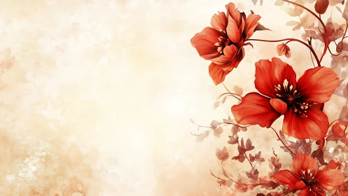 Botanical Watercolor Study: Red Floral Cascade on Textured Ground.