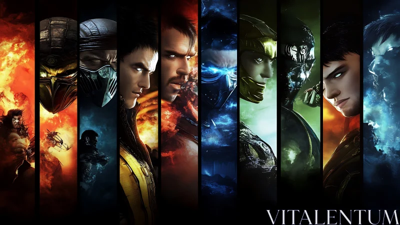 Segmented elemental warriors in high-contrast digital panorama.