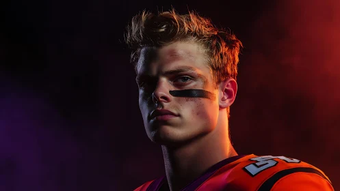 Portrait of young male football player under colored light.