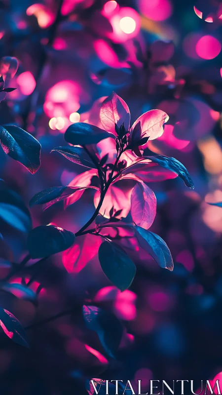 Chromatic bokeh-illuminated foliage under neon-spectrum light.