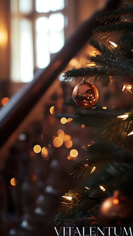 Shallow depth rendering isolates copper bauble on lit fir branch