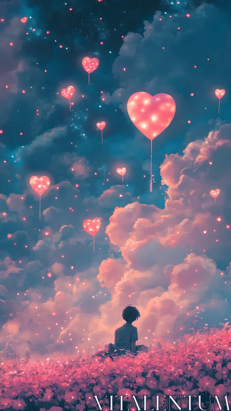 Silhouetted figure observing glowing heart balloons.