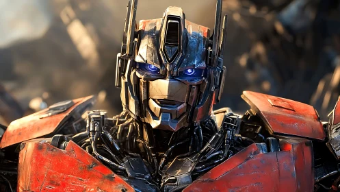 3D mecha portrait with weathered armor and luminous optics.