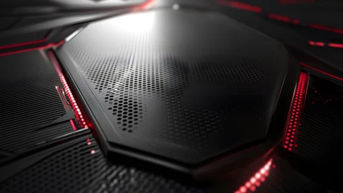 Futuristic black tech panel with red LED accents and metallic finish.