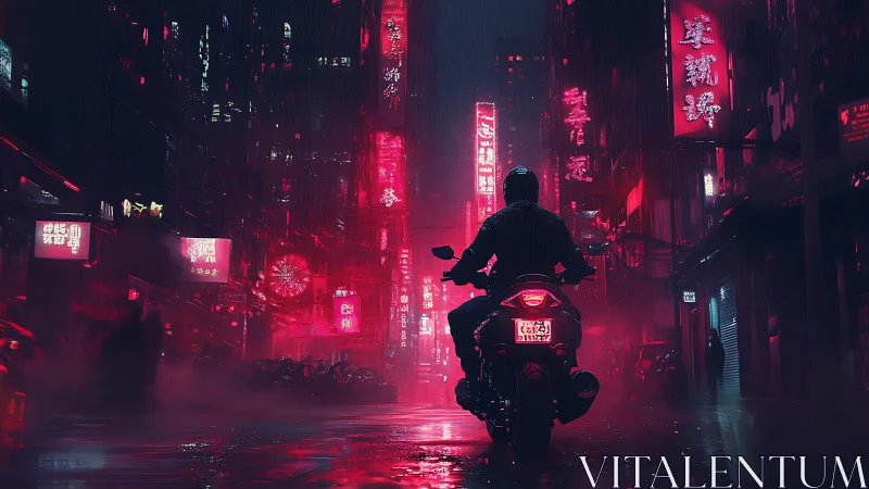 Neon rain crowns a lone biker in midnight city canyons