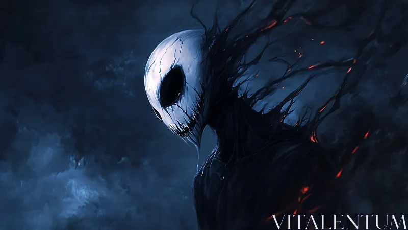 Voidborn wraith with cracked skull mask in stormy night.