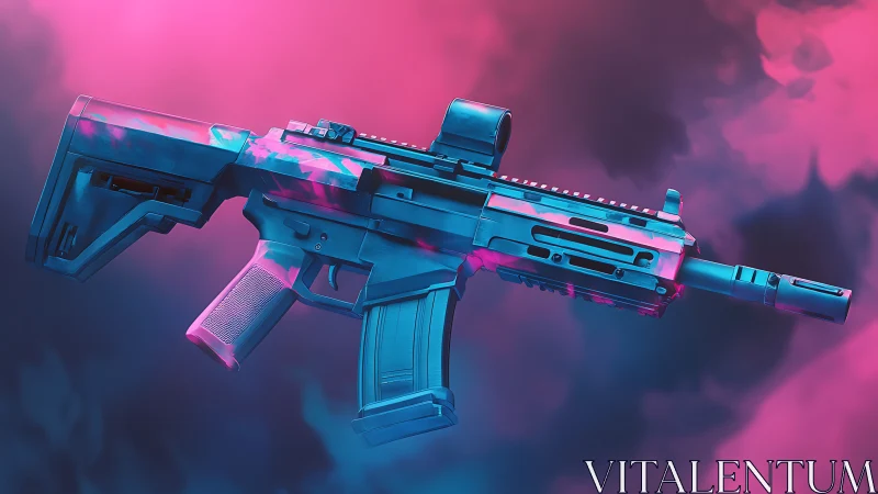 Neon skirmish rifle glows like arcade thunder in misty haze