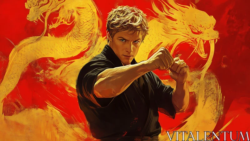 Martial artist confronts golden dragon spirits in blazing red.