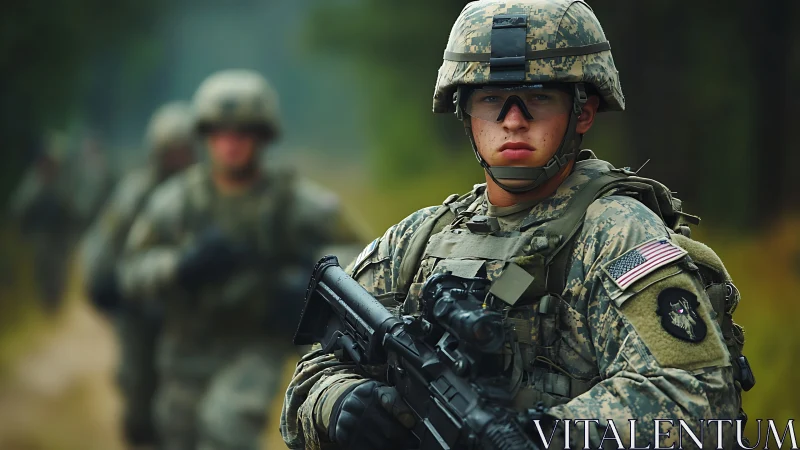 Steel-eyed soldier leads patrol through blurred green silence.