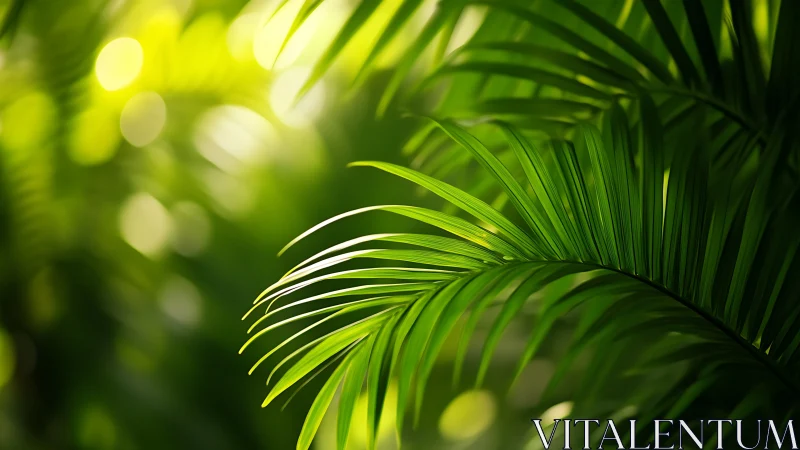 Emerald palm fronds bask in honeyed light of quiet jungle.