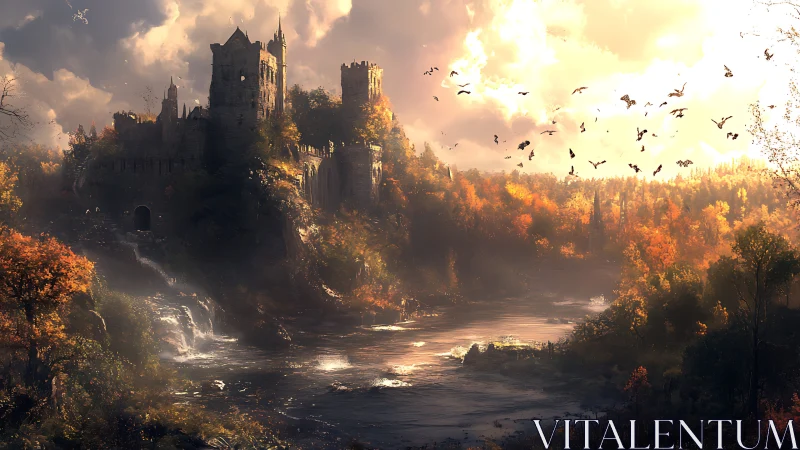 Golden light pours over a misty riverside autumn castle