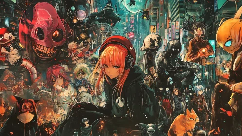 Neon alley vigilante amid chaotic cyberpunk creatures.