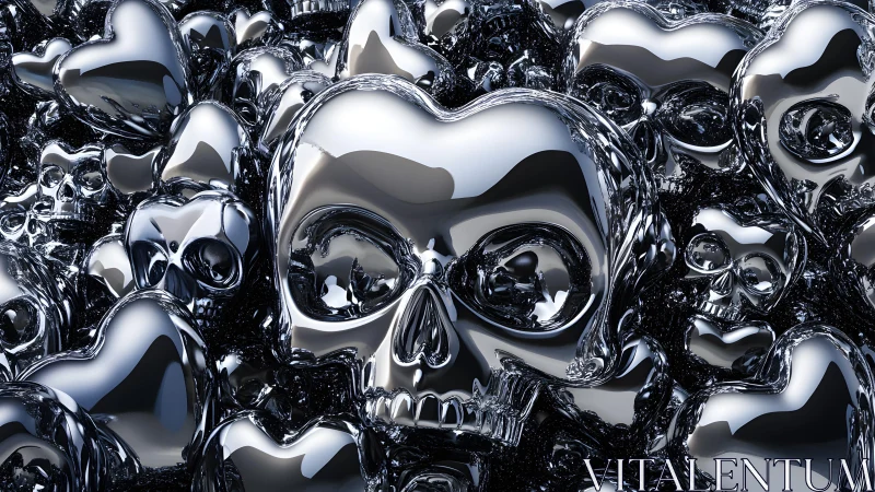 Metallic Heart-Shaped Skulls in Futuristic 3D Art Style.