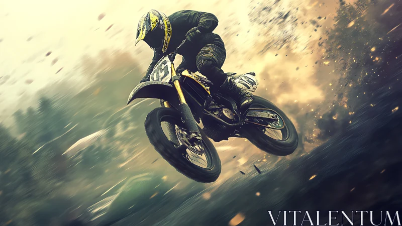 Motocross rider is captured mid-jump on dirt track