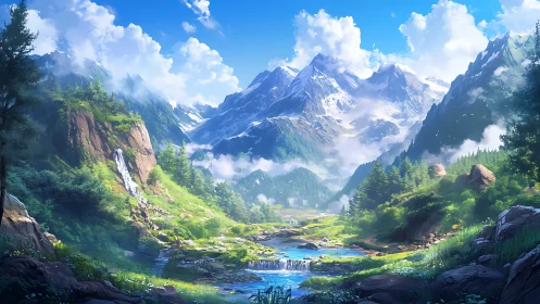 Sunlit mountain valley where waterfalls meet quiet river.