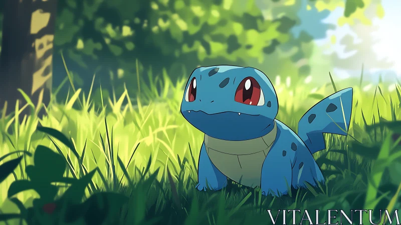 Blue reptile creature rests in sunlit forest clearing.