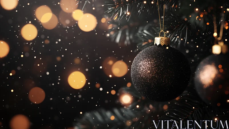 Black Christmas bauble glows amid warm festive bokeh lights.