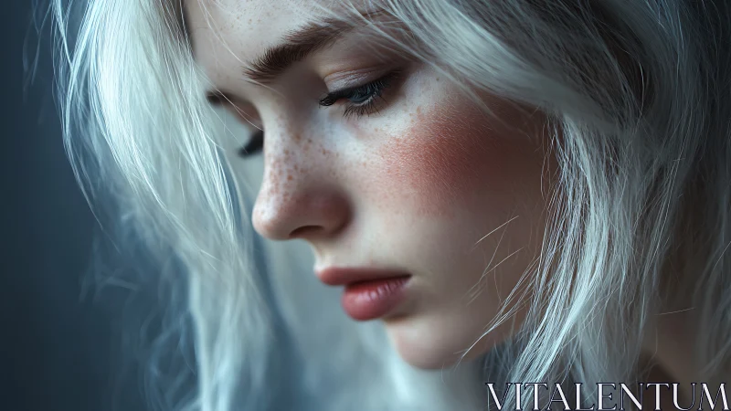 Profile portrait isolates freckled, fair skin with shallow depth