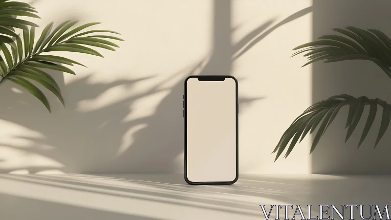 Smartphone mockup centered in minimalist sunlit space with botanical elements