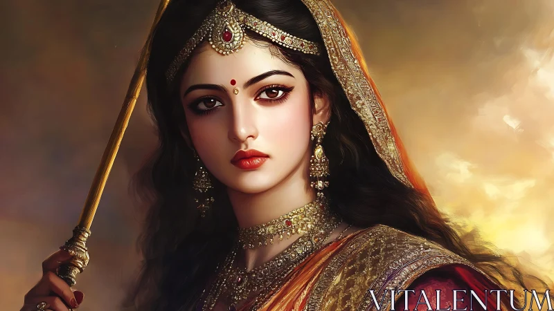Digital portrait shows woman in ornate traditional attire