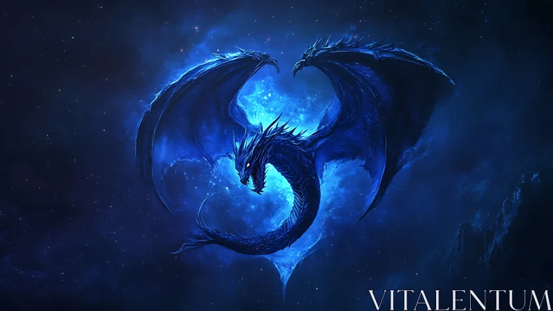 Midnight twin-headed dragon curled in cosmic blue light.