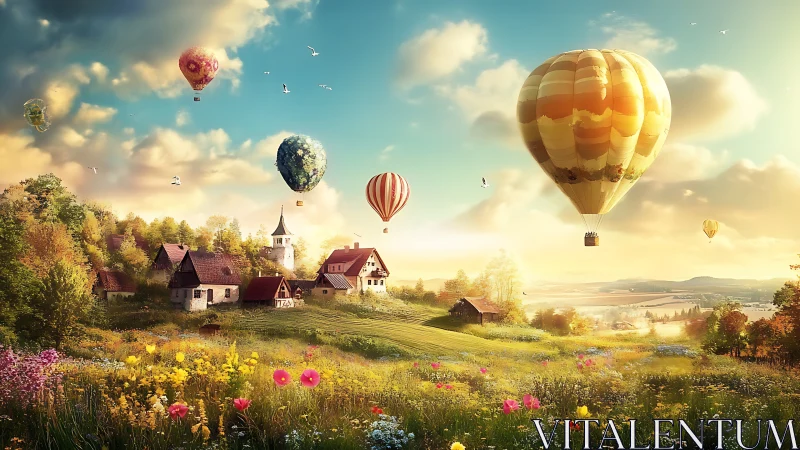 Sunlit village meadow watches hot air balloons drifting by.