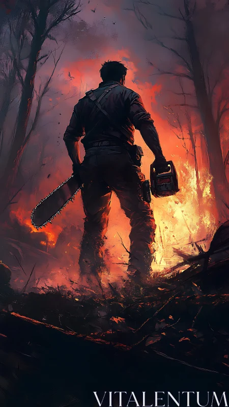 Backlit chainsaw wielder confronts high contrast forest blaze