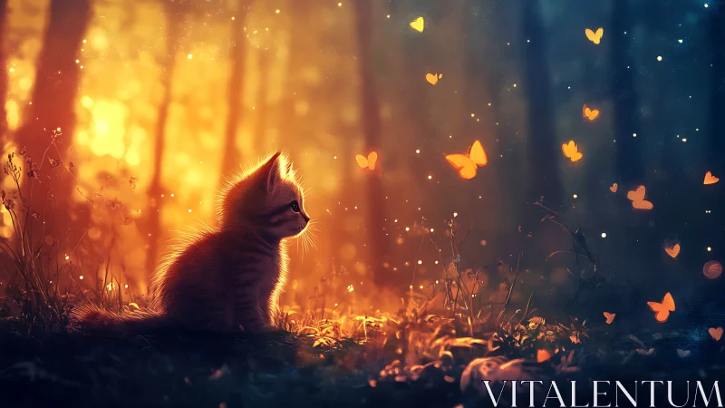 Kitten Enchanted by Butterflies in Golden Hour Glow.
