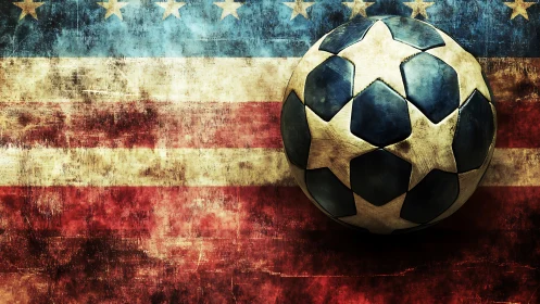 Weathered soccer ball over distressed USA flag background.