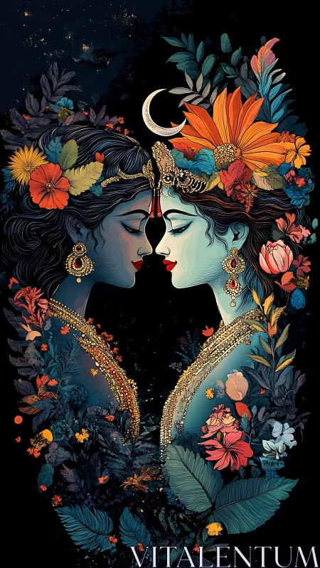 Celestial Mirror: Twin Faces in Blooming Night.