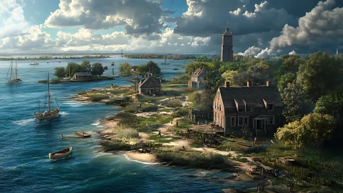 Colonial Waterfront Settlement with Harbor and Tower Architecture.