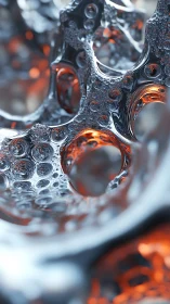 Metallic porous surface with reflective cavities and orange glow.