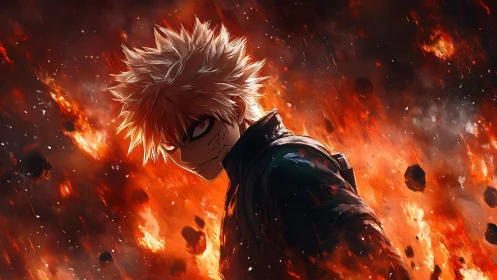 White haired anime fighter stands amid explosive firestorm
