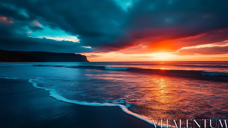 High-contrast coastal sunset with reflective wet shoreline and surf