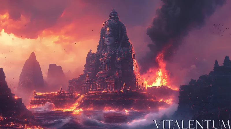 Temple of the Burning Sea God in molten dusk storm.