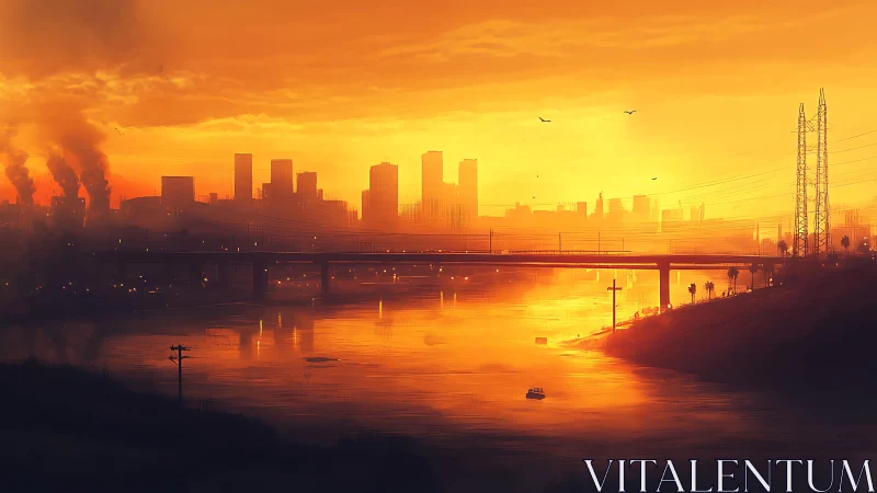 Urban river at industrial sunset with city skyline view.