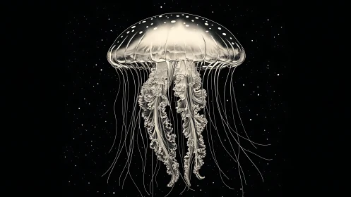 Jellyfish floats centrally against deep black space field